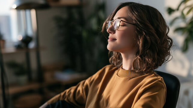 Young woman meditating, closing eyes for mindfulness and deep breathing, finding peace at home or office
