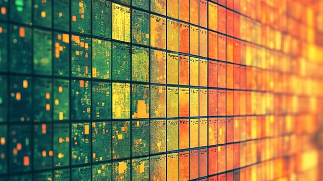 A glowing grid maps correlations among asset classes, with green, gold, and orange cells suggesting a financial data display in a modern market setting