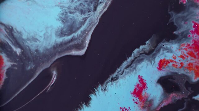 Splatter texture. Paint blend. Defocused red blue purple color glitter water sparkling fluid floating on abstract background.