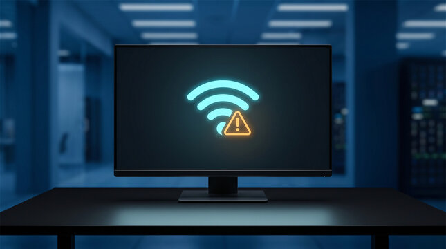 Computer monitor displaying a prominent Wi-Fi connection error symbol with an exclamation mark, set against a blurred backdrop of a dark, futuristic server room, symbolizing network issues.