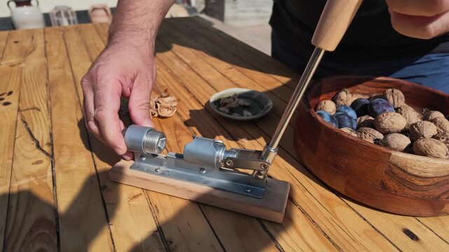 Slow Motion POV Video of Walnuts Being Cracked by Hand Today