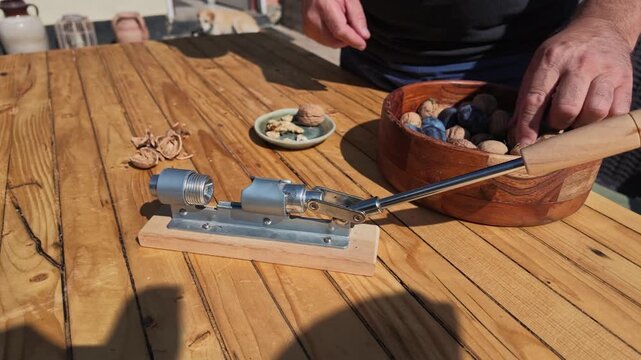 POV Slow Motion Clip of Man Breaking Open Walnut Shells Today