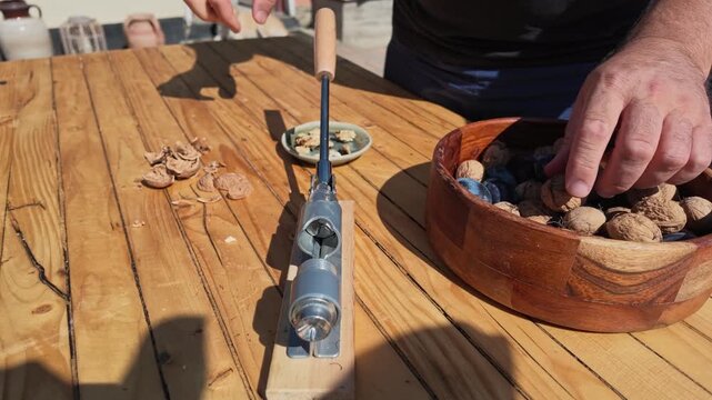 POV Slow Motion Clip of Walnut Shells Breaking Open Outdoors