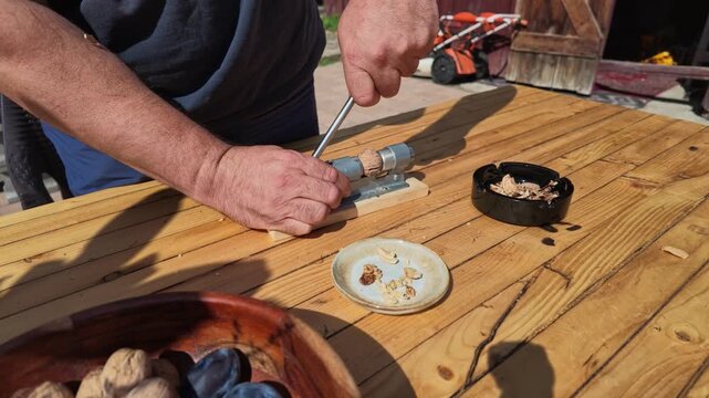 Man Breaks Open Walnut Shells With Hand Tool at Table Outdoors