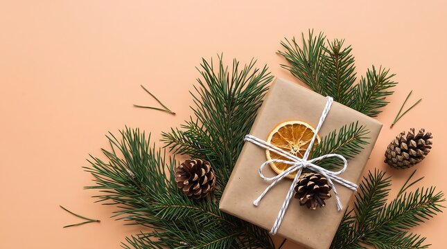 flat lay christmas gift box wrapped in brown kraft paper tied with string on pine branches and pinecones