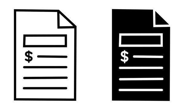 Black and white invoice document icons with dollar sign symbol for business and finance design