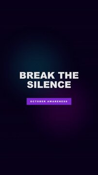 Domestic violence awareness month animation features bold white break silence text, purple banner, and october message, suitable for advocacy campaigns.
