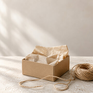Blank kraft paper box with tissue paper and twine