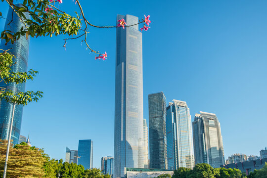 Contemporary glass skyscrapers above green trees with flowering branches in Guangzhou city, China. Modern architecture, green urban environment, business development, sustainable city planning