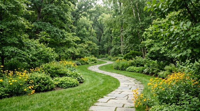 Winding stone garden path through lush green woods with blooming yellow wildflowers and manicured lawn landscape.