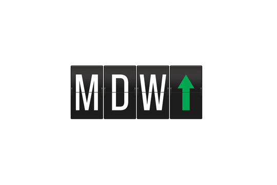 MDW airport code appearing on a split-flap display board with a green upward arrow, symbolizing travel, departure, and reaching a specific destination, isolated on transparent background