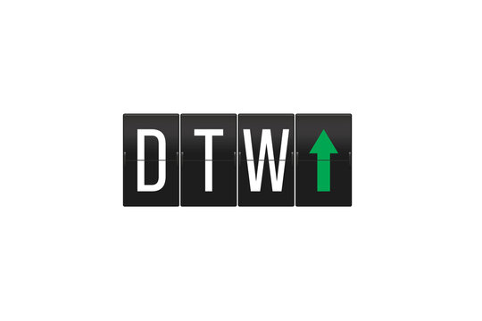 DTW airport code with green upward arrow on retro split-flap display board, arrivals status symbolizing progress and success for Detroit Metropolitan travel, transparent background