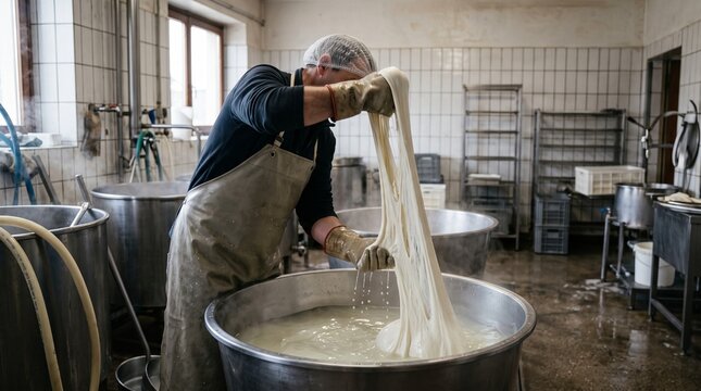 Cheesemaker stretching mozzarella cheese in a dairy factory. Artisanal cheese production process in a vat