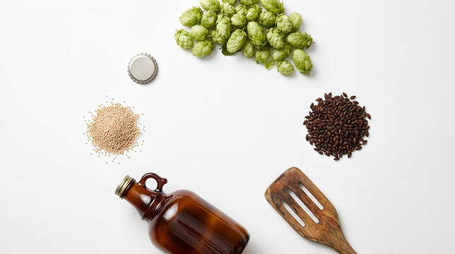Six craft beer brewing raw hops and roasted malt barley ingredients on white