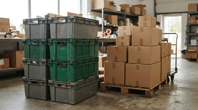 Stacked cardboard boxes and plastic totes in a warehouse setting