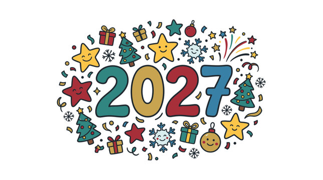 Yearly digits 2027 featured prominently amid an array of doodle style holiday items like trees, stars, and colorful ornaments.