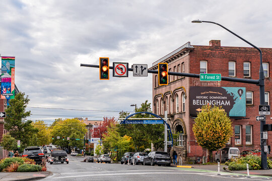 Bellingham, WA, US-September 25, 2026: Street scene in downtown district with local signs and traffic.