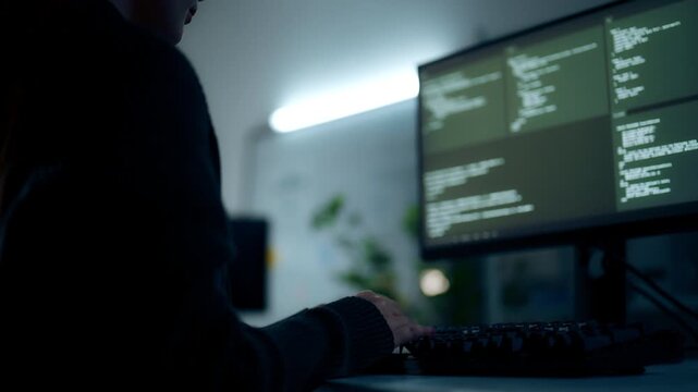 Source code on a monitor beside a typing silhouette, hands moving across the keyboard in a dark office, the source code and typing action connecting the illuminated screen with computer programming.