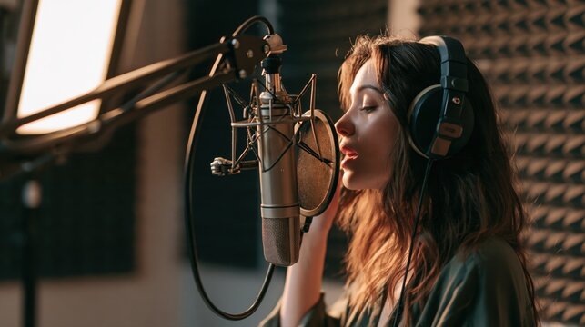 Female singer recording vocals with headphones