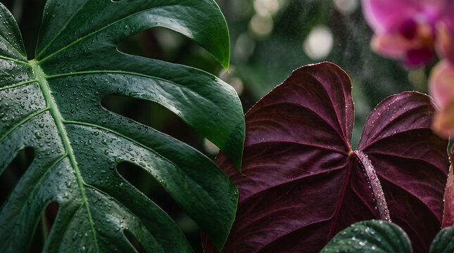 Lush tropical monstera and deep purple foliage covered in fresh water droplets in moody serene rainforest greenhouse