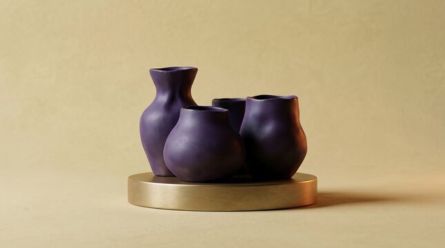 Handcrafted purple ceramic vase collection on gold brass podium in minimalist warm beige studio setting