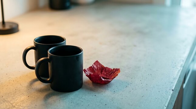 Two matte black coffee mugs with red pastry wrapper on modern concrete counter with copy space