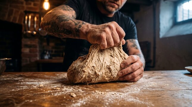 Artisan baker with arm tattoo kneading sourdough bread dough on rustic wooden table in warm kitchen