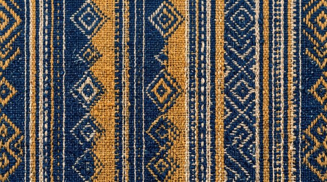 Traditional handcrafted bohemian textile texture with rustic blue and mustard yellow geometric diamond pattern