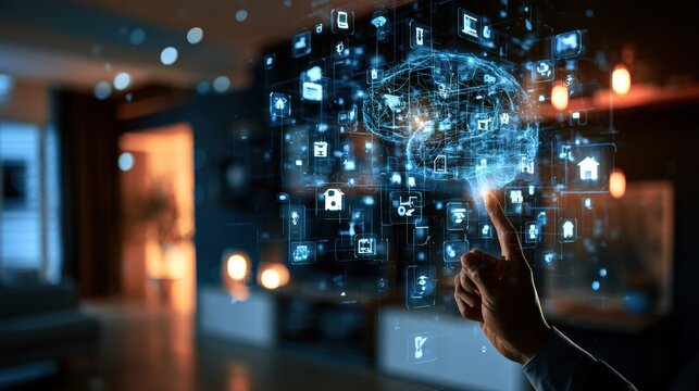 A person interacts with a neural interface, controlling various smart devices in a home environment through thought.