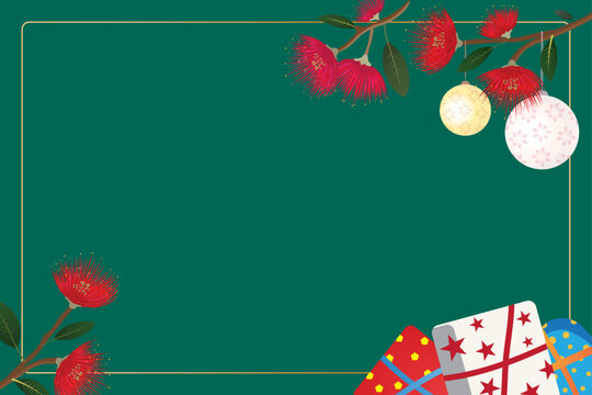New Zealand Christmas background with red pohutukawa blossoms and gift boxes. Festive holiday greeting card design.  
