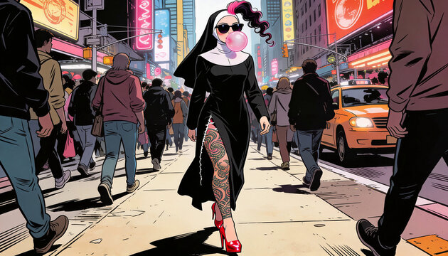 Tattooed nun with red high heels, colorful hair streak and bubble gum walking through a busy city street, contemporary pop culture inspired character blending tradition and urban fashion