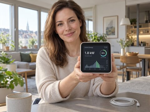 Content woman holds tablet displaying smart energy dashboard at home. Digital monitor shows current kilowatt load and usage chart, illustrating practical electricity tracking in sunlit kitchen.