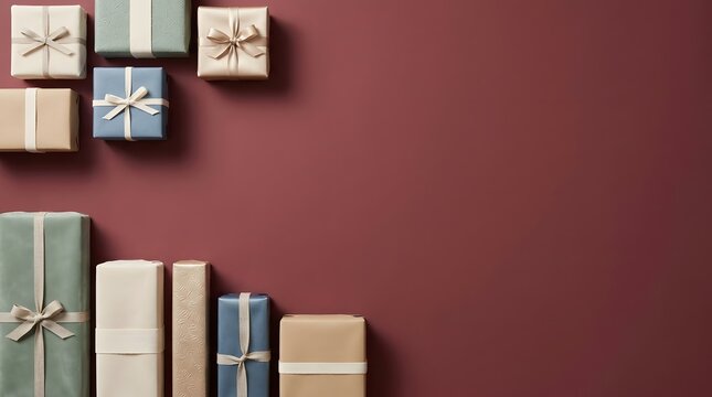 A beautifully arranged collection of gift boxes showcasing a variety of colors and patterns against a rich deep burgundy background creating a