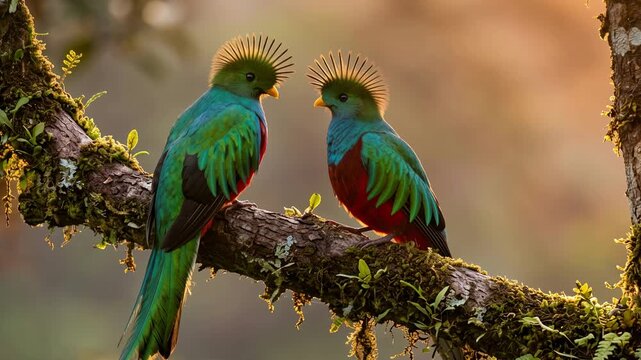 two quetzals close up in golden light at monteverde cloud forest video