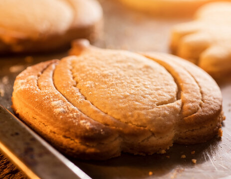 Pumpkin shaped cookie baking on metal sheet