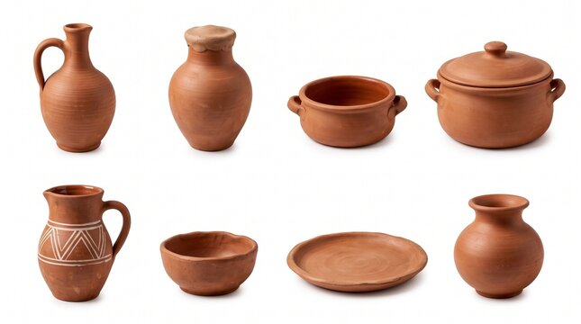 Handmade Anatolian red clay pottery including water jug, casserole dishes and pitchers isolated on a white background