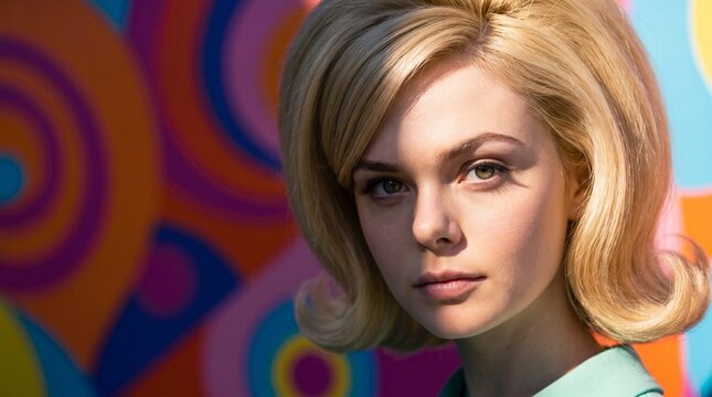 Close up portrait of blonde woman with 1960s hairstyle against colorful retro background