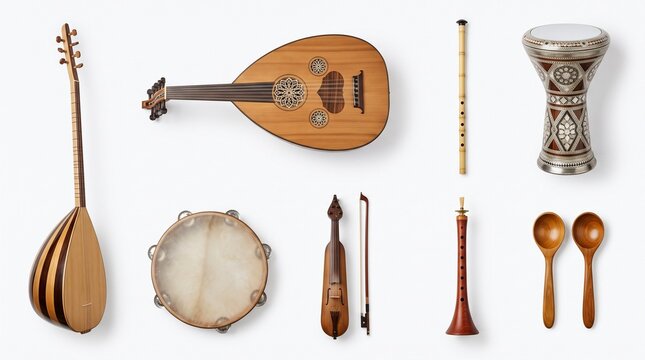 Traditional Turkish musical instruments including baglama, ney, darbuka, oud and kemence isolated on a white background