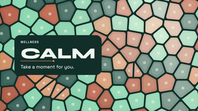 A repeating pattern featuring geometric interlocking shapes in muted tones of teal pink and beige forming a background for text elements stating calm and taking a moment for you