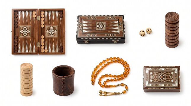 Turkish backgammon set with inlaid wooden board, dice, checkers and amber prayer beads isolated on a white background