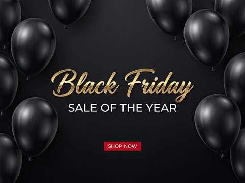 Elegant black friday sale banner with golden text and floating black balloons