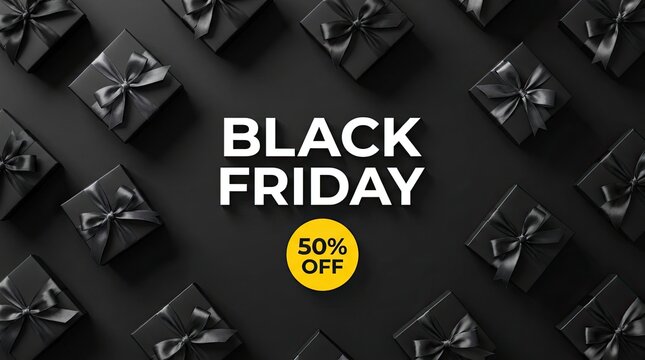 Black friday sale background with wrapped gift boxes and a fifty percent off circular yellow sticker
