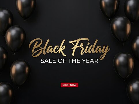 Elegant black friday sale banner with blurred dark spheres and golden text