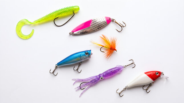 Six vibrant colorful fishing lures and hand tied trout flies on white
