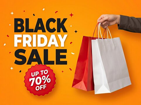 Black friday sale advertisement with shopping bags and discount offer on orange background