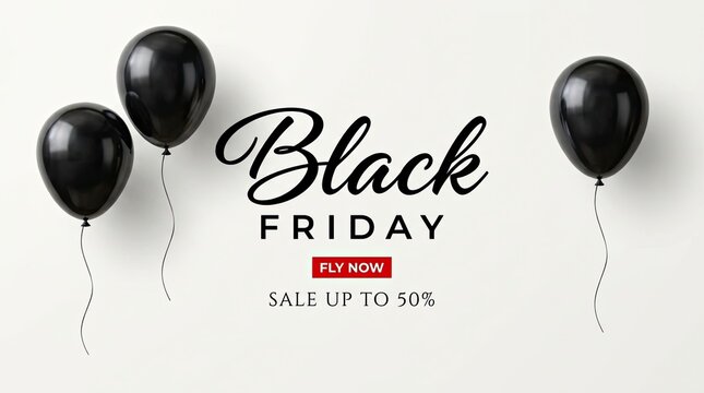 Black friday sale announcement with elegant calligraphy and floating black balloons