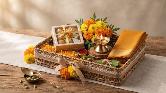 Festive diwali gift hamper with sweets and diya