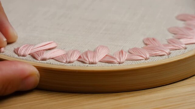 Fingers steady wooden embroidery hoop with pale pink leaf stitches on cream fabric, showing raised thread texture and curved decorative border above warm wooden tabletop