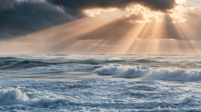 Sunbeams pierce stormy ocean waves, golden light spilling over foamy surf and rolling swells, dark clouds opening above horizon, powerful motion and texture
