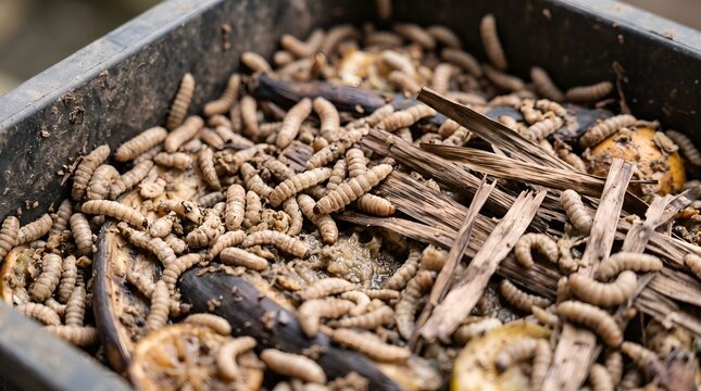 Black Soldier Fly Larvae Actively Consuming Organic Food Waste in a Container for Sustainable Animal Feed Production and Composting